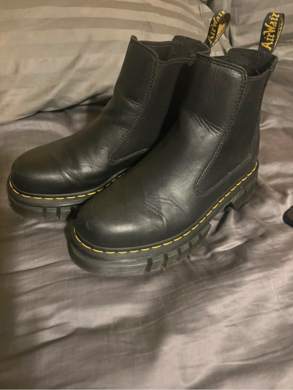 Dr. Martens Black Leather Chelsea Platform Boots with Yellow Stitching